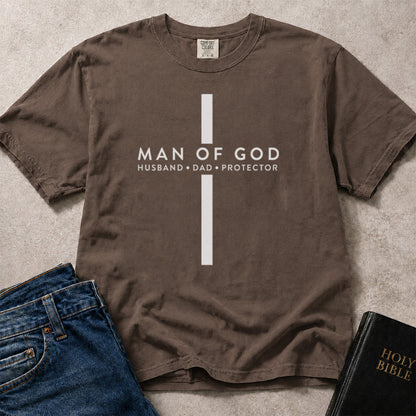 Brown (Espresso) Comfort Colors® 1717 faith based t-shirt with strong Christian text celebrating fatherhood, marriage, and faith.