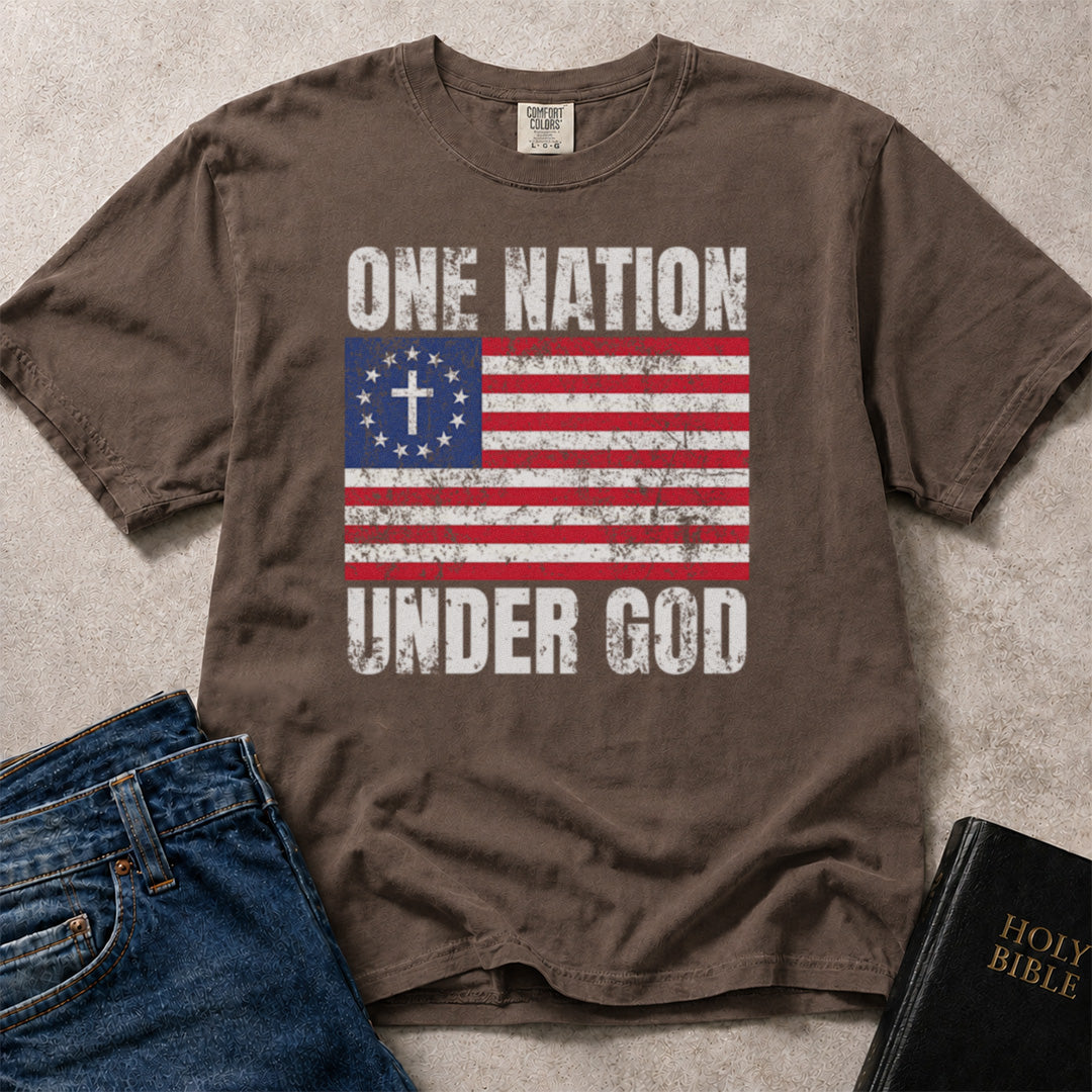 Patriotic Christian t-shirt with 'One Nation Under God' American flag graphic on a Comfort Colors 1717 tee in Espresso. 