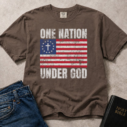 Patriotic Christian t-shirt with 'One Nation Under God' American flag graphic on a Comfort Colors 1717 tee in Espresso. 