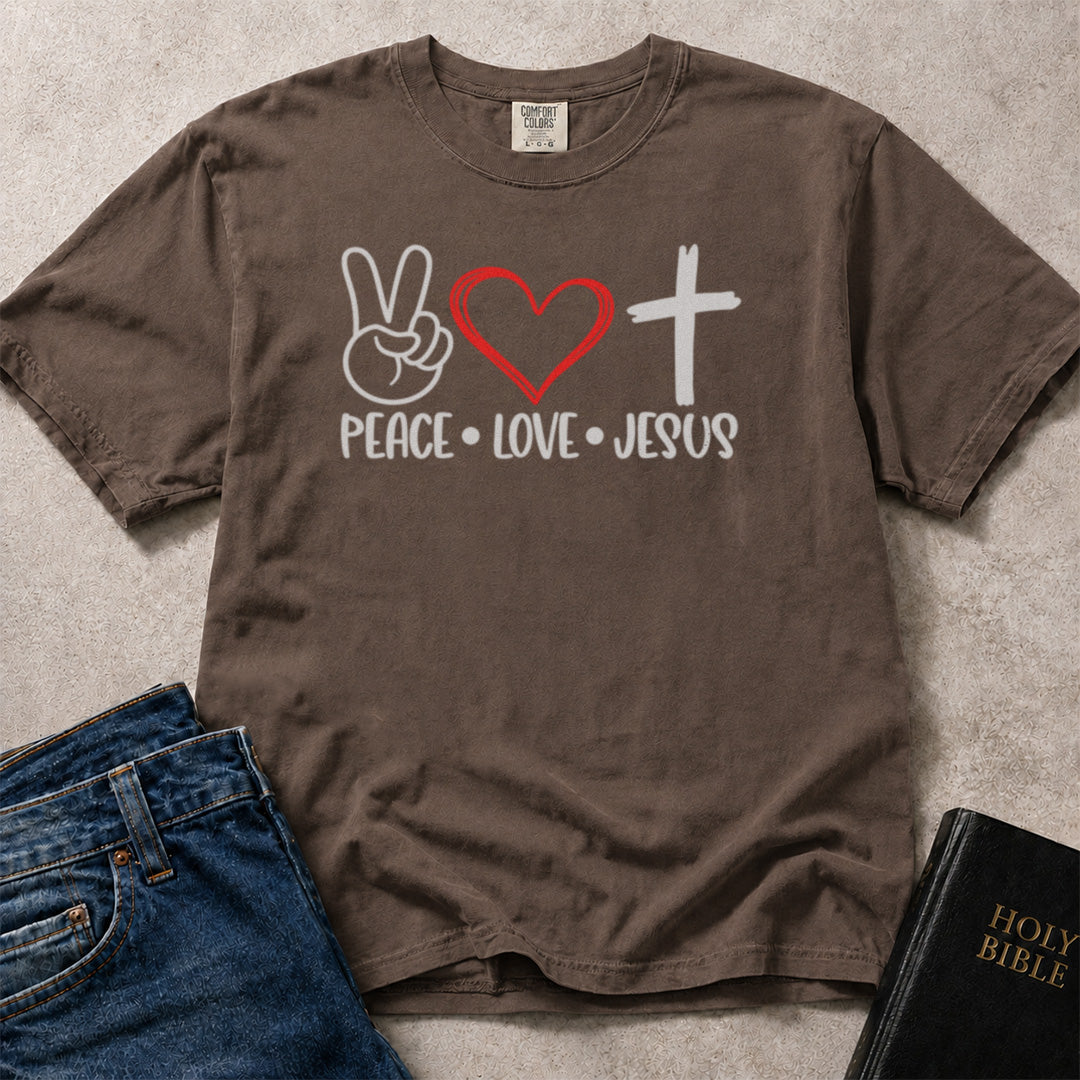 Brown (Espresso) Comfort Colors® 1717 faith inspired t-shirt with text artwork centered on peace love and Jesus.