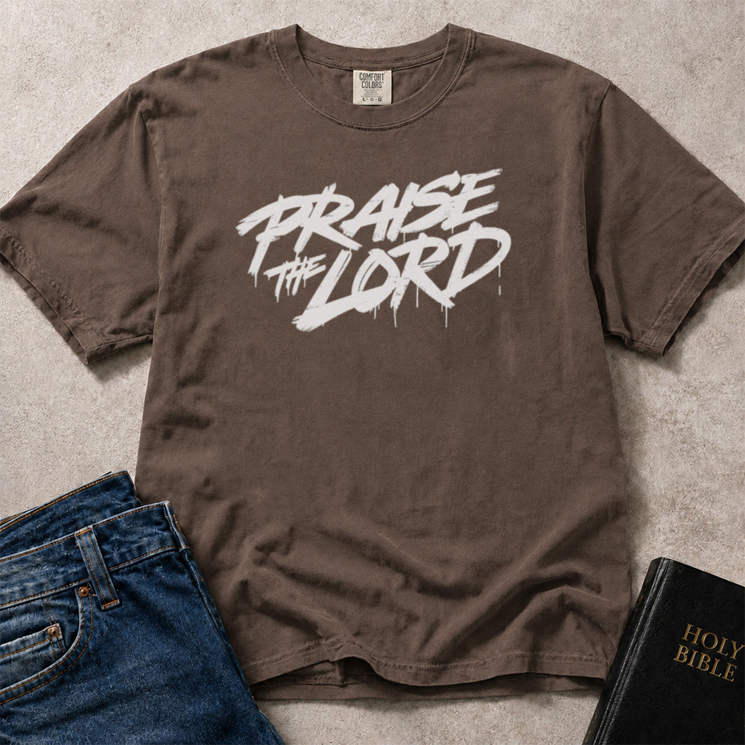 Praise the Lord faith based grafitti style graphic on brown (Espresso) Comfort Colors 1717® t-shirt.