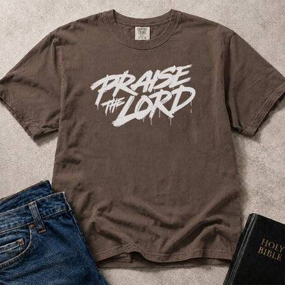 Praise the Lord faith based grafitti style graphic on brown (Espresso) Comfort Colors 1717® t-shirt.