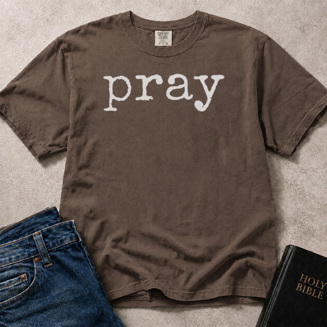 Pray Christian statement graphic on brown (Espresso) Comfort Colors 1717® shirt.