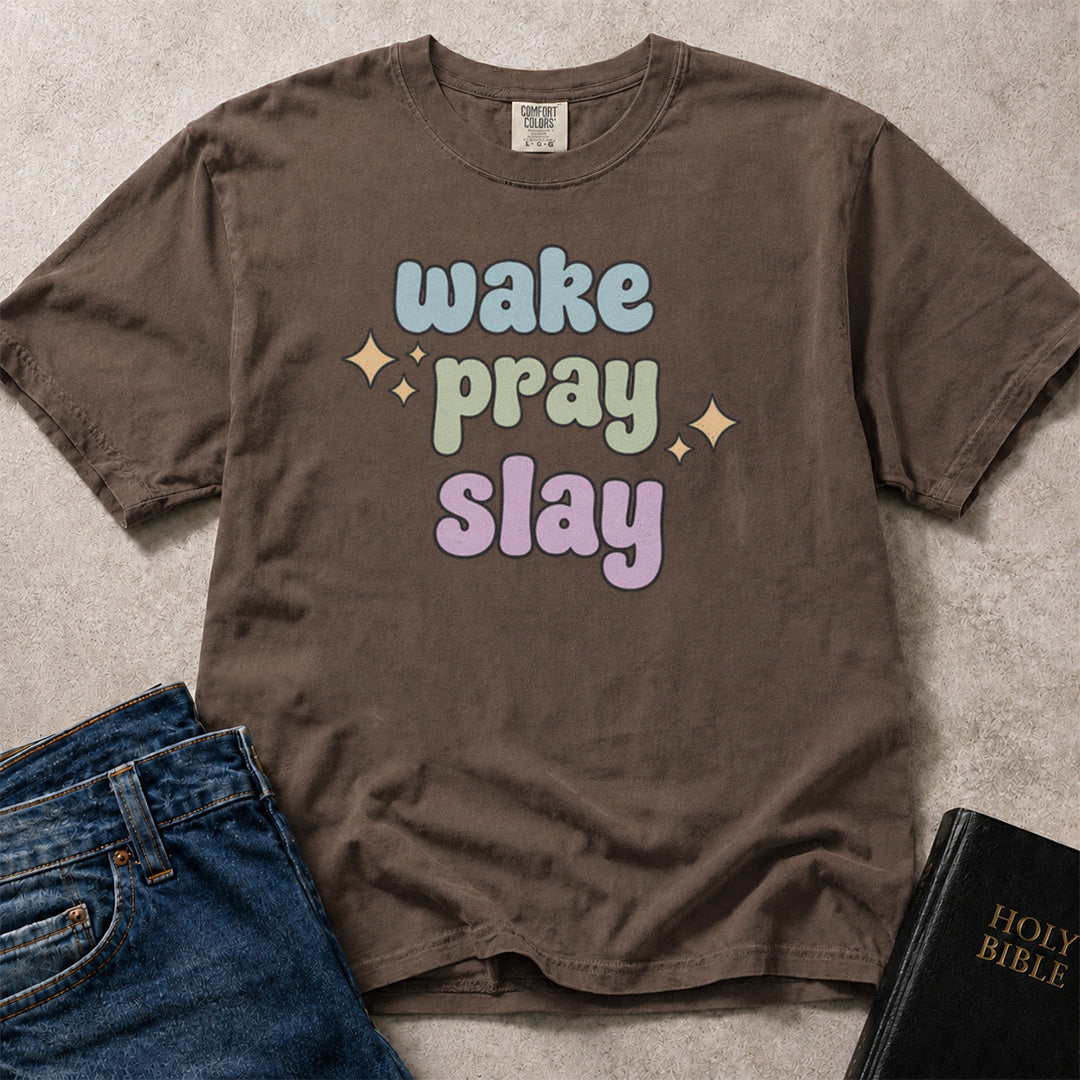Brown (Espresso) Comfort Colors® 1717 women’s t-shirt with faith inspired lettering that reads Wake Pray Slay.