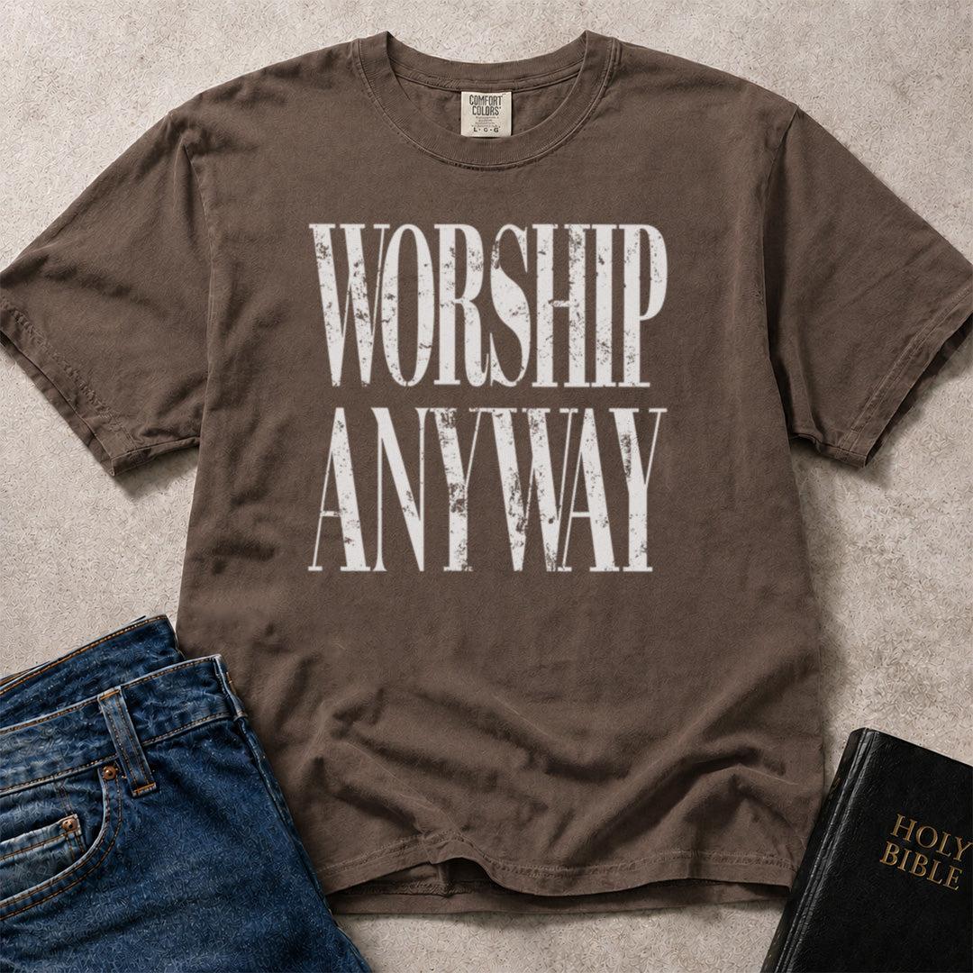 Brown (Espresso) Comfort Colors® 1717 faith inspired t-shirt with Worship Anyway text artwork and an uplifting Christian theme.