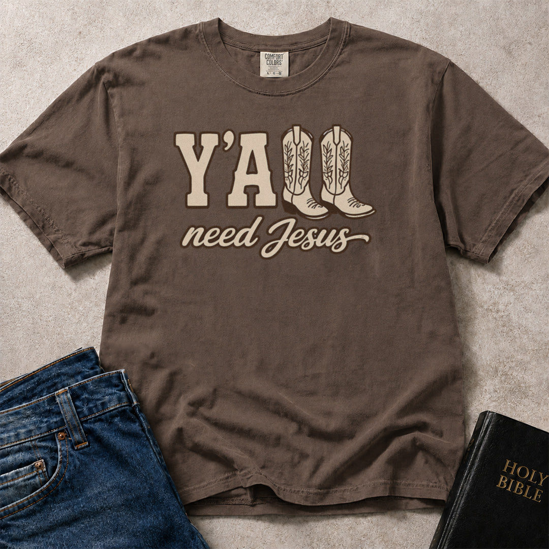 Brown (Espresso) Comfort Colors® 1717 tshirt with a Christian Y'all Need Jesus illustration and Southern-style cowboy boots graphic.