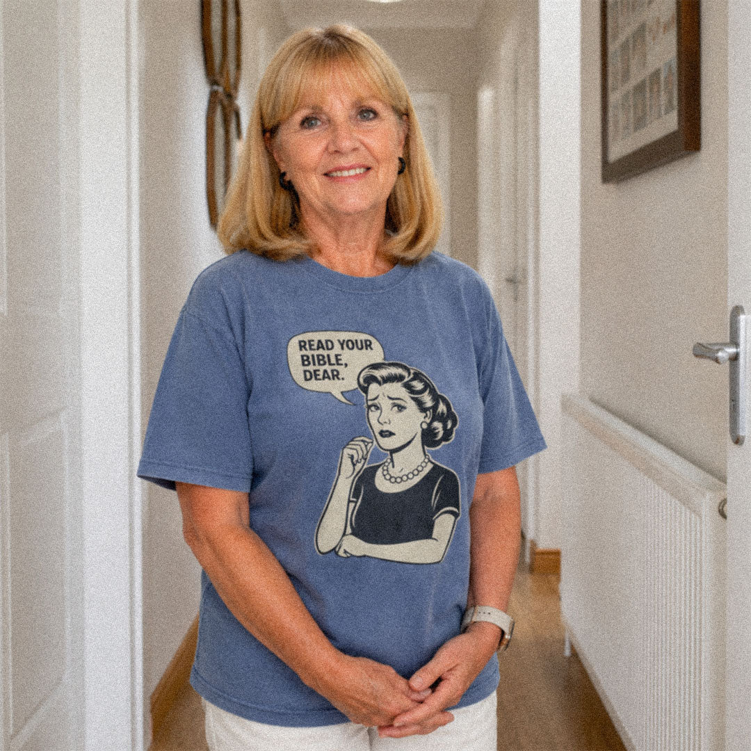 Woman in hallway wearing a Read Your Bible Dear blue (Blue Jean) Comfort Colors 1717® t-shirt.