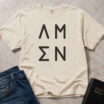 Off White (Ivory) Comfort Colors® 1717 Christian tee featuring clean Amen text in an understated graphic design.