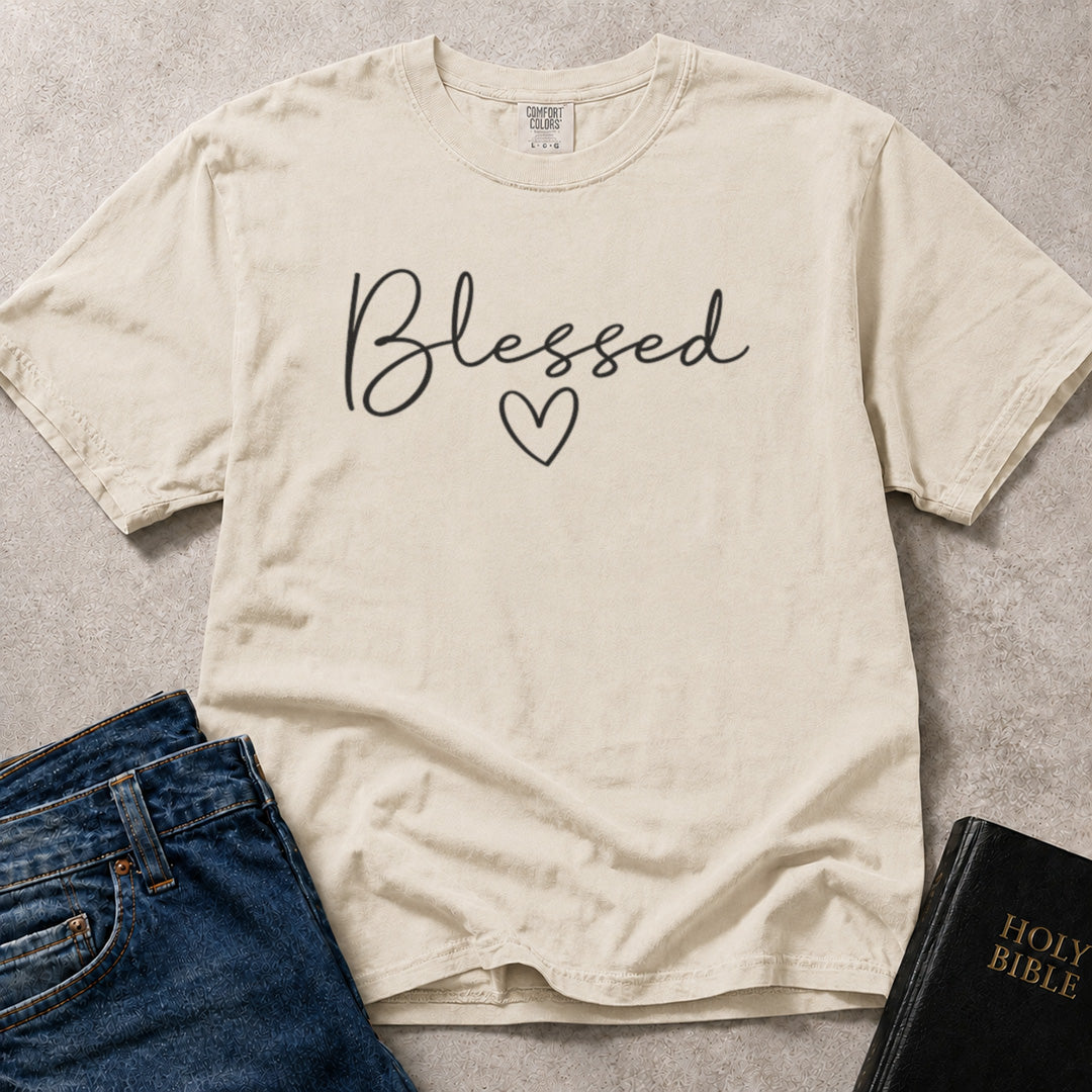 Blessed Christian lifestyle graphic on beige (Ivory) Comfort Colors 1717® shirt.