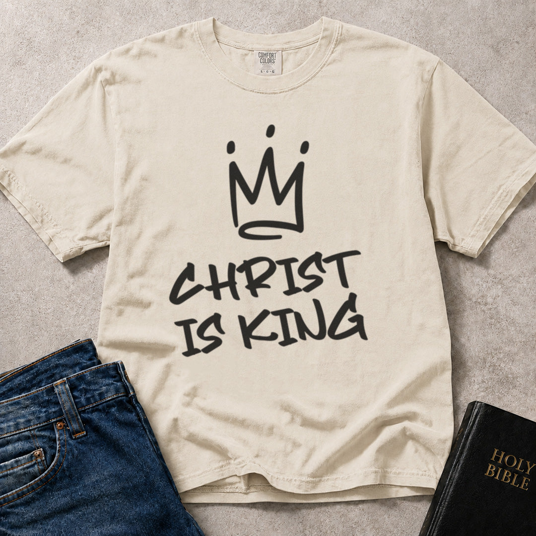 Comfort Colors 1717 ivory religious t-shirt with 'Christ is King' text and crown graphic.
