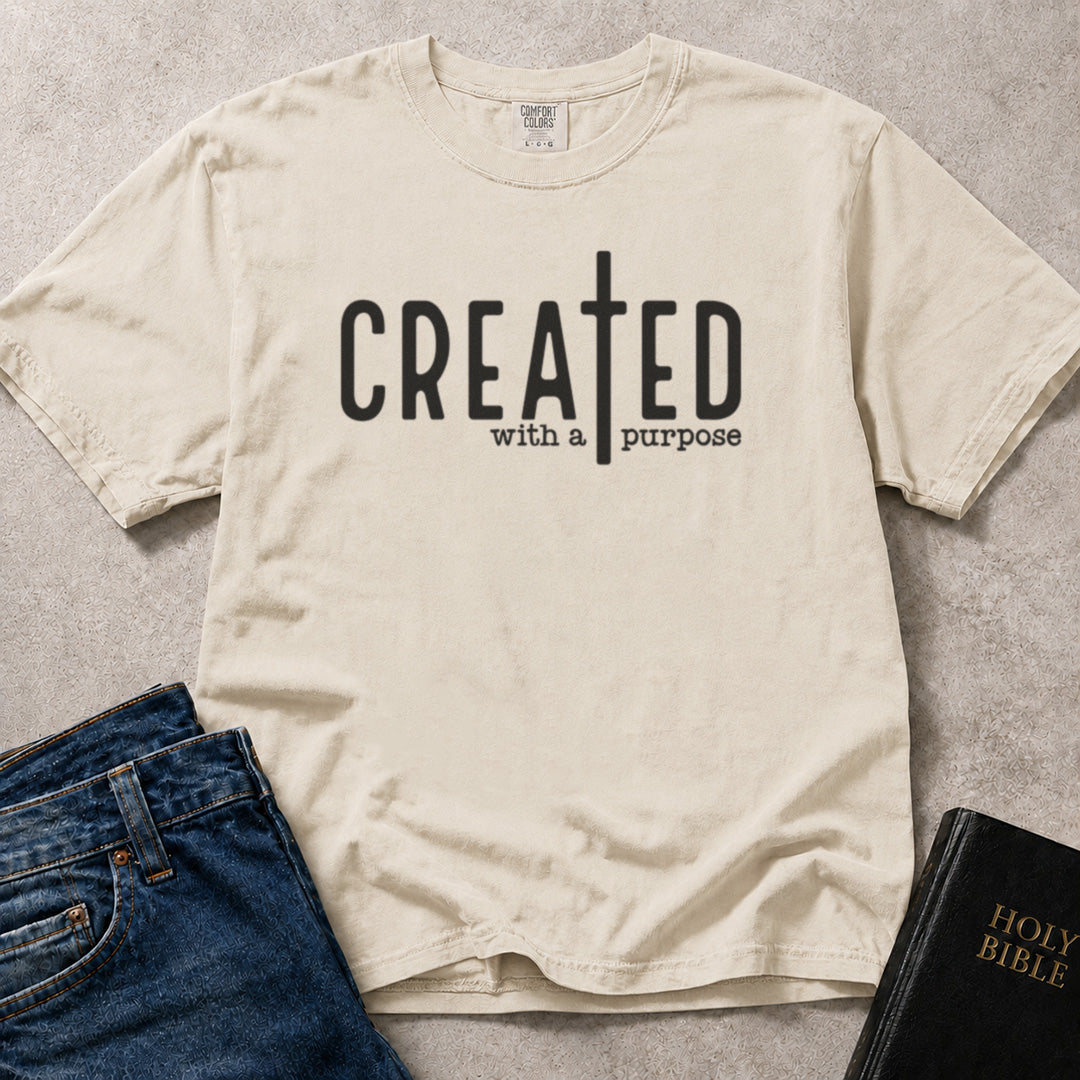 Off White (Ivory) Comfort Colors® 1717 Christian tee featuring Created with a Purpose artwork that highlights a meaningful faith theme.