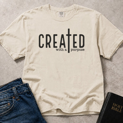 Off White (Ivory) Comfort Colors® 1717 Christian tee featuring Created with a Purpose artwork that highlights a meaningful faith theme.