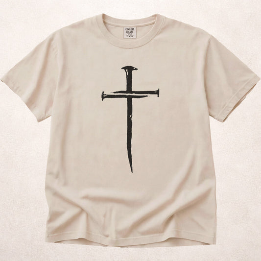 Cross of Nails faith based design on beige (Ivory) Comfort Colors 1717® shirt.