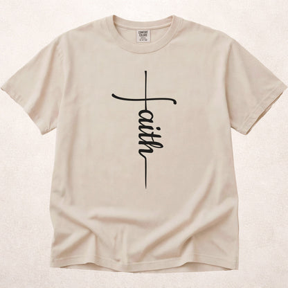 Off White (Ivory) Comfort Colors® 1717 tshirt featuring a cross with faith written vertically.