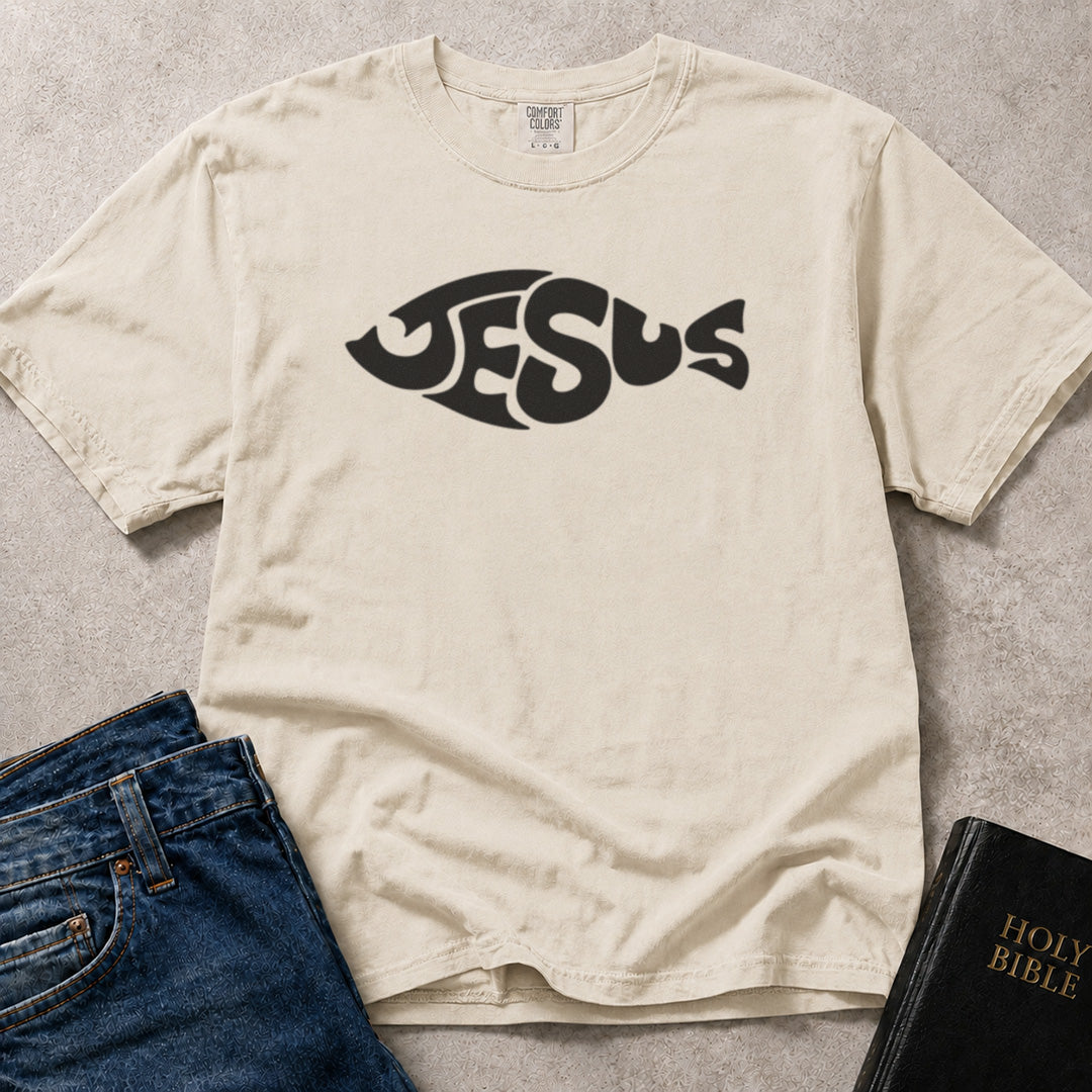 Jesus Fish Word Art Christian graphic on off white (Ivory) Comfort Colors 1717® t-shirt.