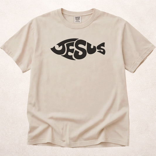 Jesus Fish Word Art Christian graphic on off white (Ivory) Comfort Colors 1717® t-shirt.