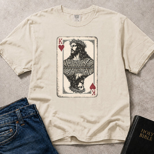 Off White (Ivory) Comfort Colors® 1717 Christian tee with Jesus as the King of Hearts in a detailed card inspired design.