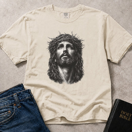 Crown of Thorns Jesus Portrait faith based graphic on beige (Ivory) Comfort Colors 1717® t-shirt.