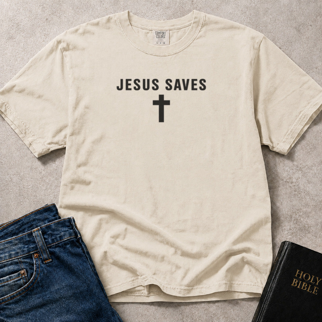 Jesus Saves inspiring message on off white (Ivory) Comfort Colors 1717® t-shirt.