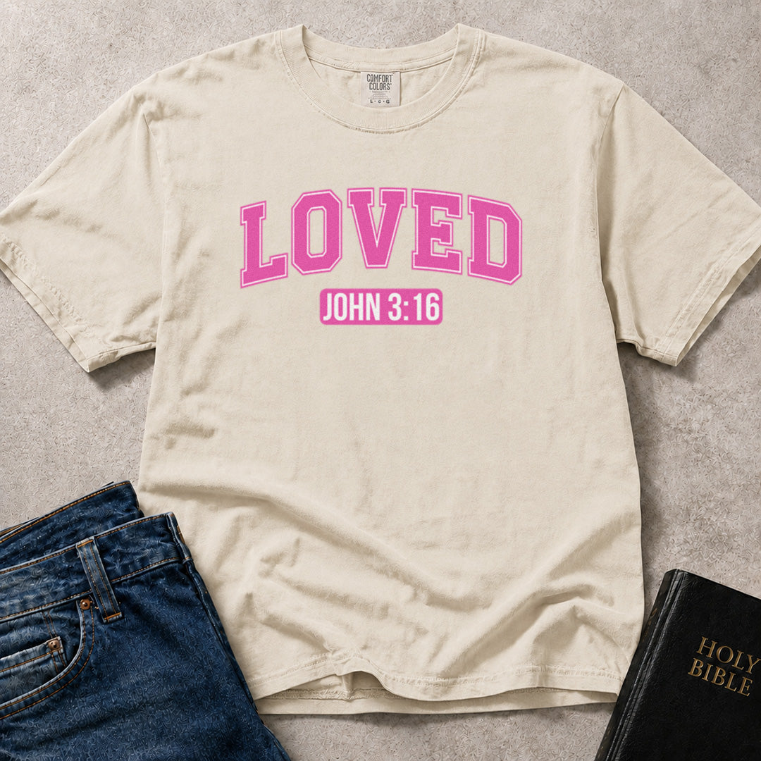 Off White (Ivory) Comfort Colors® 1717 tshirt with a Bible inspired Loved John 3:16 message in a clean, encouraging style.
