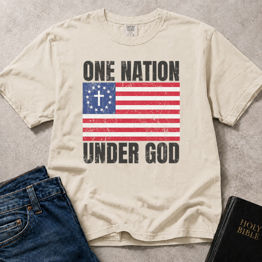One Nation Under God Vintage American flag Christian design on off-white (Ivory) Comfort Colors 1717® shirt.