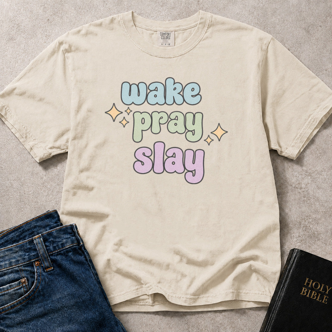 Off White (Ivory) Comfort Colors® 1717 tshirt with an uplifting Wake Pray Slay typographic lettering design for Christian women.