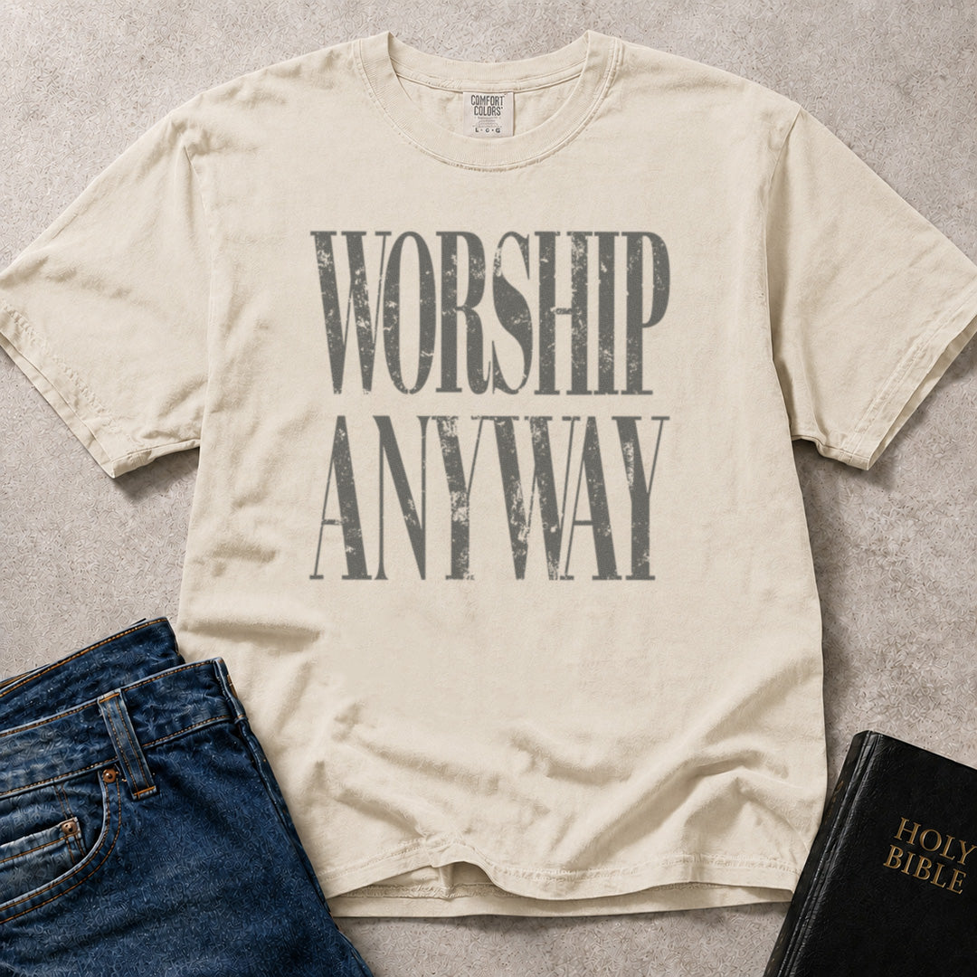 Off White (Ivory) Comfort Colors® 1717 Christian tee featuring clean typography and a hopeful message about worship and trust.