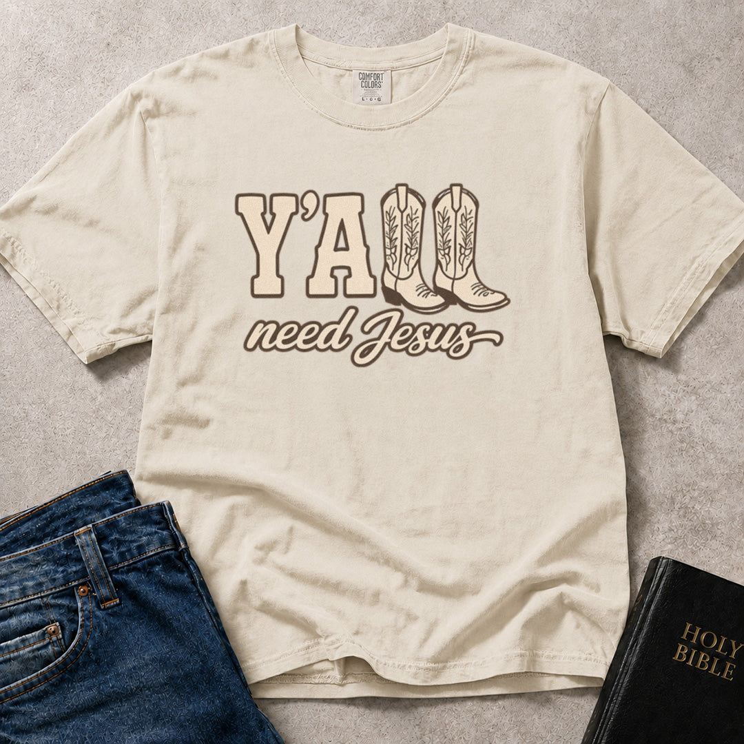 Off White (Ivory) Comfort Colors® 1717 t-shirt featuring a faith-based Y'all Need Jesus Southern graphic design with cowboy boots.