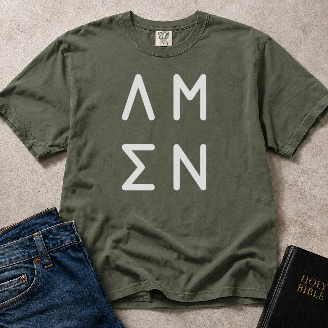 Green (Moss) Comfort Colors® 1717 uplifting Christian t-shirt with minimal Amen lettering and a simple faith inspired design.