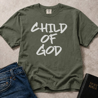 Child of God streetwear grafitti style text design on green (Moss) Comfort Colors 1717® t-shirt.
