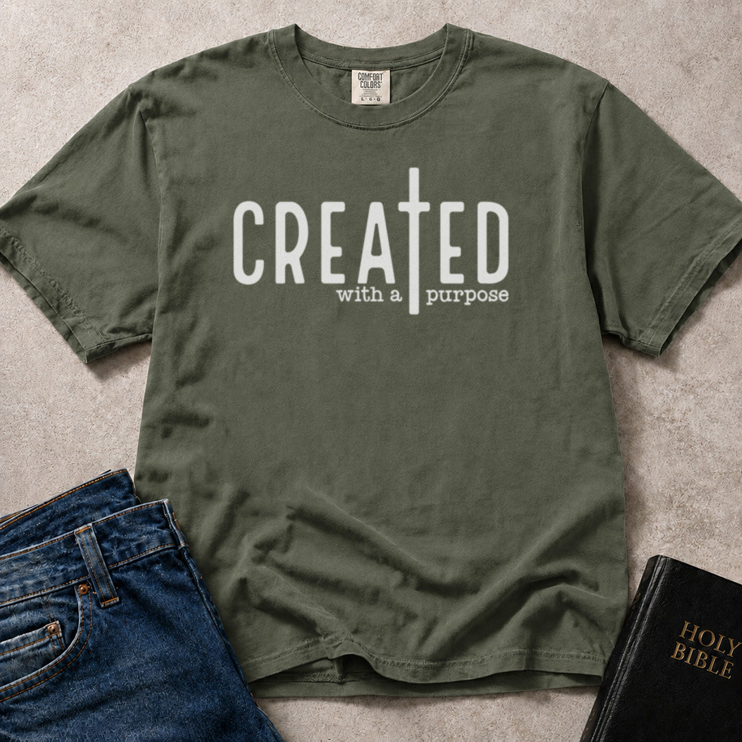 Green (Moss) Comfort Colors® 1717 uplifting Christian t-shirt displaying Created with a Purpose artwork inspired by God's care and purpose.