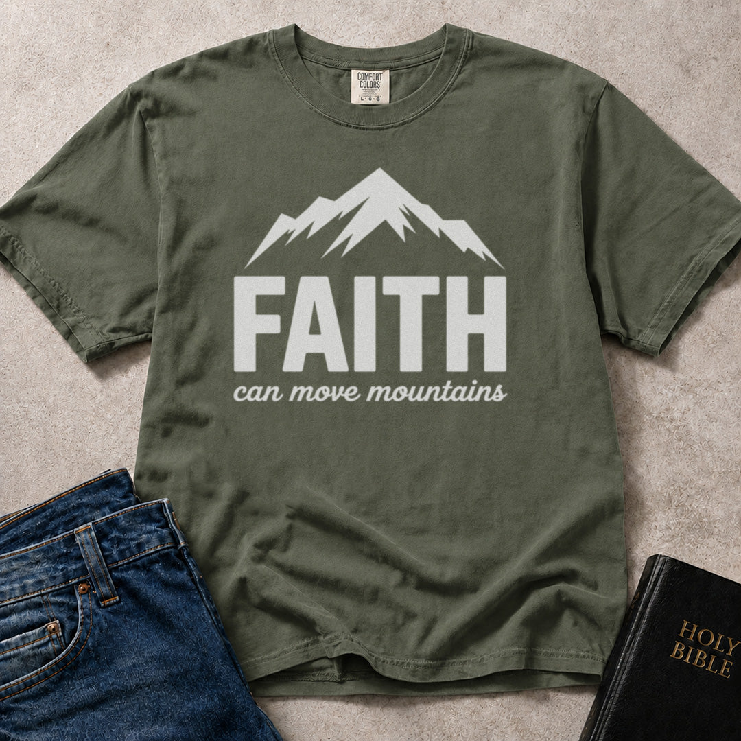 Faith Can Move Mountains Christian encouragement on green (Moss) Comfort Colors 1717® tee.