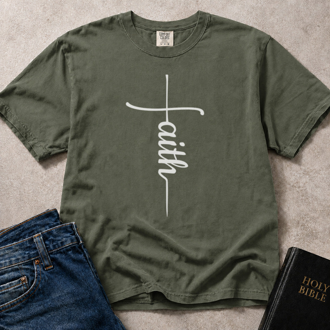 Green (Moss) Comfort Colors® 1717 tee with cross graphic and faith text in a script style.