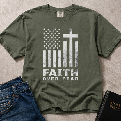 Faith Over Fear American flag patriotic Biblical design on green (Moss) Comfort Colors 1717® t-shirt.