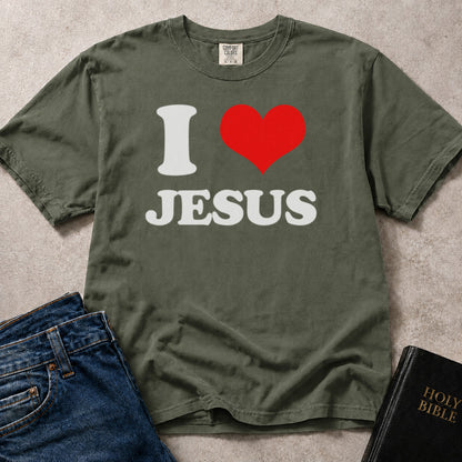 Green (Moss) Comfort Colors® 1717 tee with I Love Jesus message and heart icon.