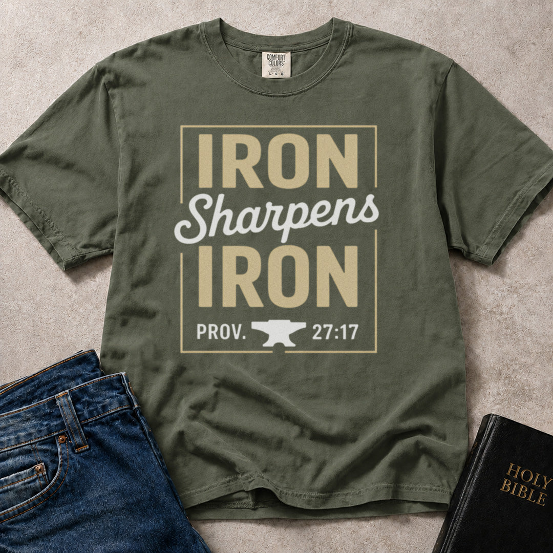 Green (Moss) Comfort Colors® 1717 tee with Iron Sharpens Iron phrase and Prov. 27:17 scripture.