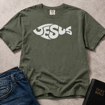 Jesus Fish Word Art Christian graphic on green (Moss) Comfort Colors 1717® t-shirt.