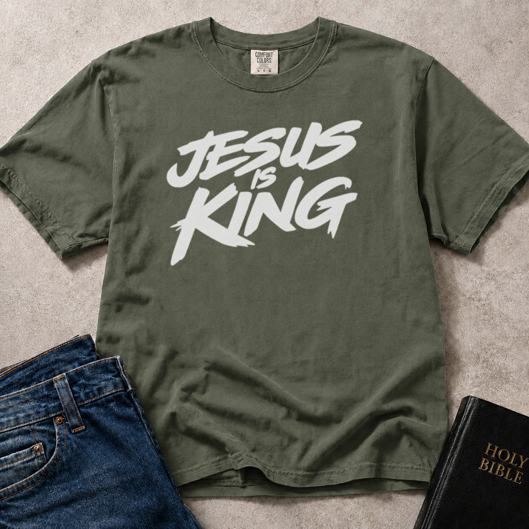 Green (Moss) Comfort Colors® 1717 tee with Jesus Is King wording in a graffiti style design.