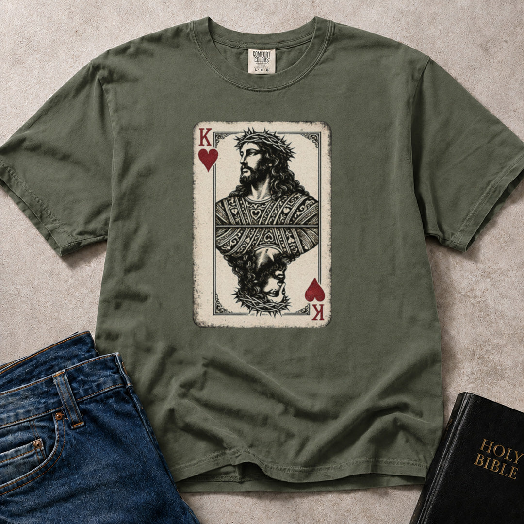 Green (Moss) Comfort Colors® 1717 uplifting Christian t-shirt with Jesus King of Hearts illustration in a playing card style.