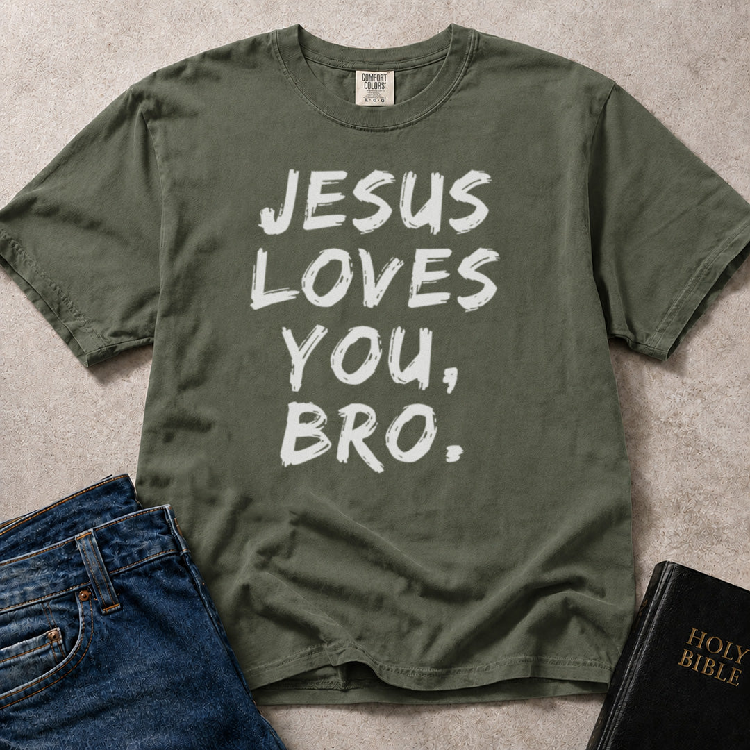 Green (Moss) Comfort Colors® 1717 encouraging Christian t-shirt with Jesus Loves You Bro wording in a relaxed faith inspired style.