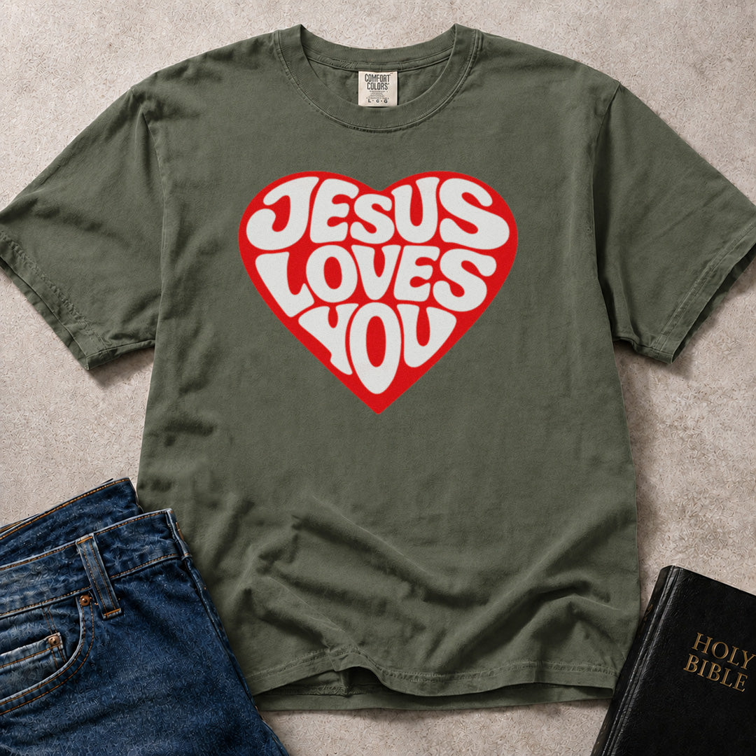 Green (Moss) Comfort Colors® 1717 tee with a bold retro heart and "Jesus Loves You" typographic design.