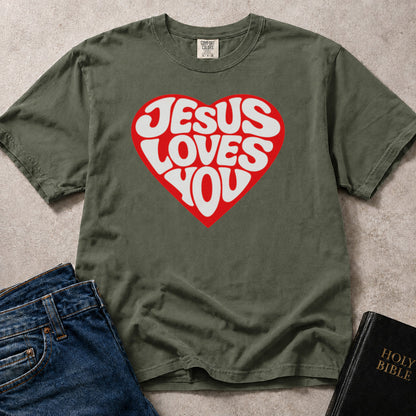 Green (Moss) Comfort Colors® 1717 tee with a bold retro heart and "Jesus Loves You" typographic design.