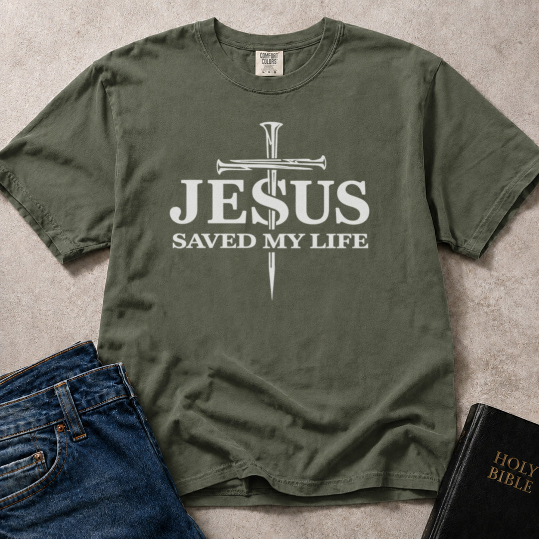 Green (Moss) Comfort Colors® 1717 tee with a Jesus Saved My Life Christian faith cross print.
