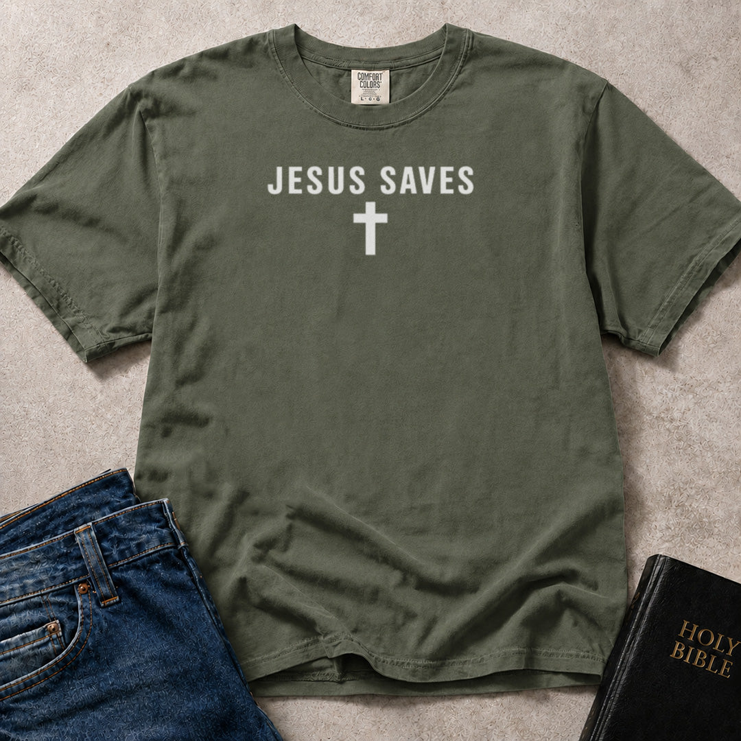 Jesus Saves Christian saying printed on green (Moss) Comfort Colors 1717® tee.
