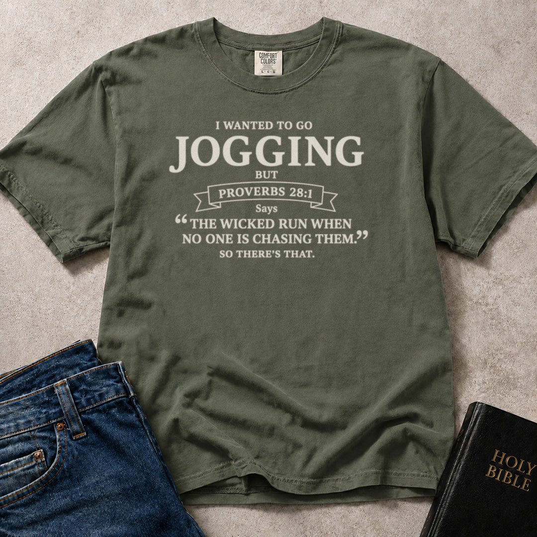 Green (Moss) Comfort Colors® 1717 tee with a funny faith based text design inspired by the message of Proverbs 28:1.