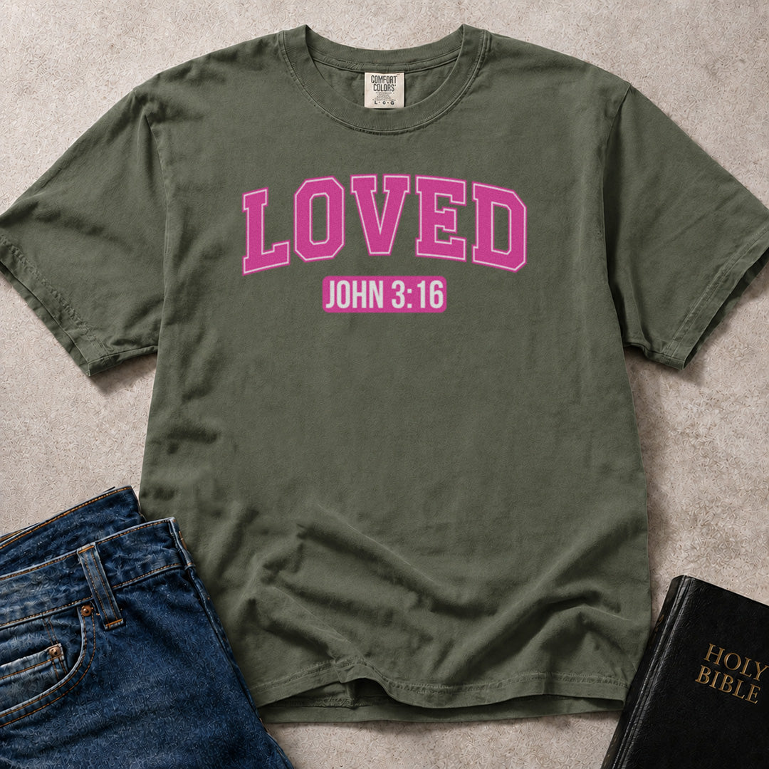 Green (Moss) Comfort Colors® 1717 t-shirt with Loved John 3:16 scripture artwork, a soft and faith centered message.