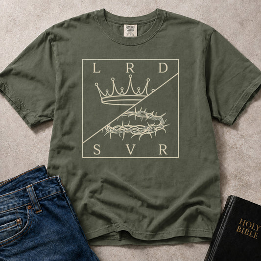 Green (Moss) Comfort Colors® 1717 t-shirt with a faith-based graphic of a royal crown and crown of thorns representing Jesus as Lord and Savior.