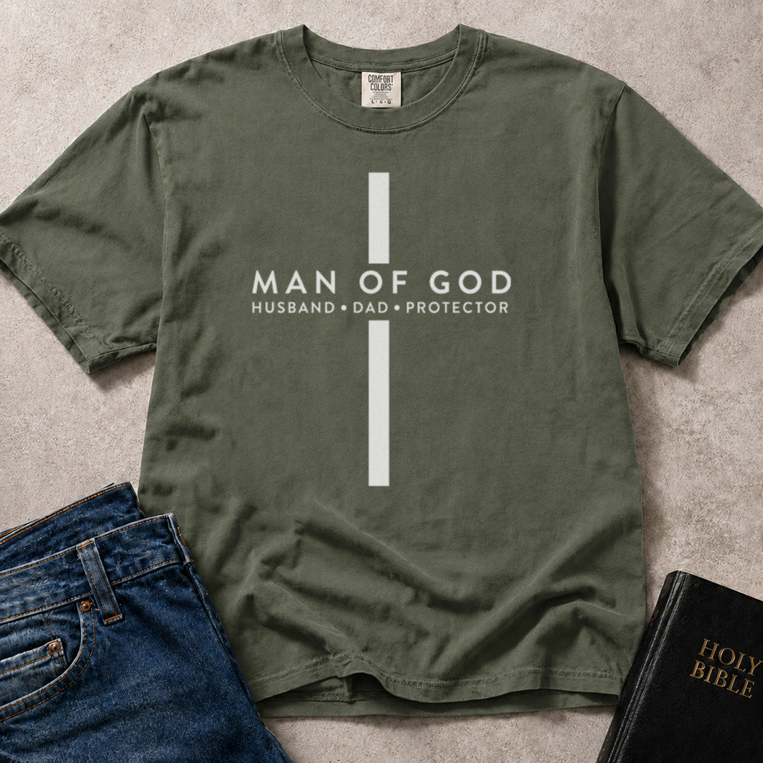 Green (Moss) Comfort Colors® 1717 uplifting Christian t-shirt with statement typography honoring husbands, dads, and protectors.