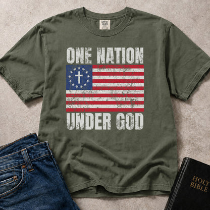 One Nation Under God Vintage American flag Christian patriotic design on green (Moss) Comfort Colors 1717® shirt.