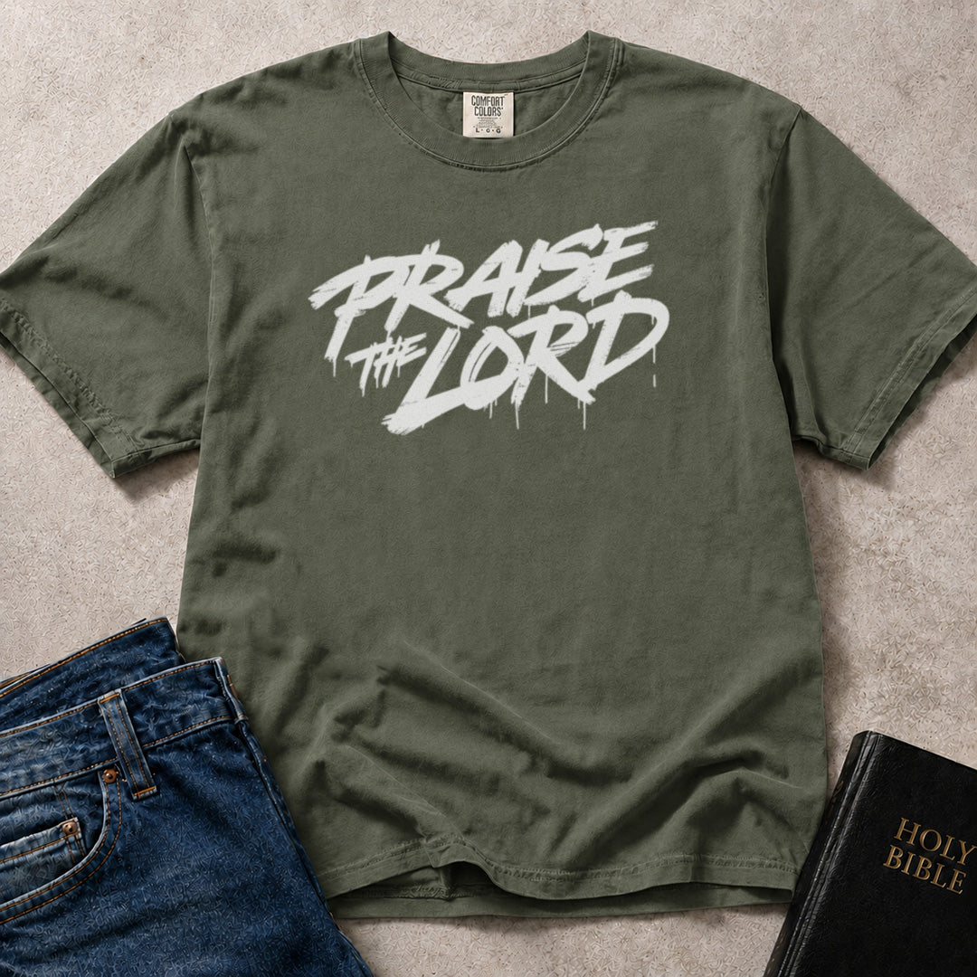 Praise the Lord faith based streetwear design on green (Moss) Comfort Colors 1717® t-shirt.